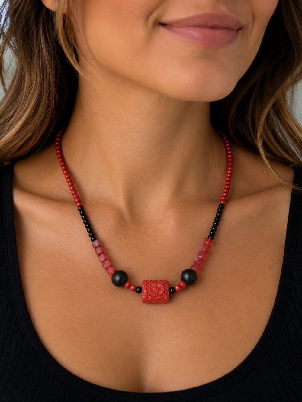 Vintage Carved Red Cinnabar Style Flower Focal Pendant Necklace